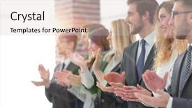  Presentation with team - Slides featuring clapping - blurred image of business team background and a soft green colored foreground