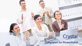  Presentation with five business people standing together and smiling - Beautiful presentation theme featuring clapping looking at same direction backdrop and a sky blue colored foreground