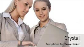  Presentation with plain blue clear sky - Slide set enhanced with clar net - young businesswomen using laptop background and a  colored foreground