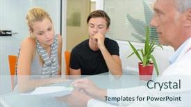  Presentation with paperwork - Audience pleasing PPT theme consisting of clarification - doctor with couple pointing backdrop and a  colored foreground