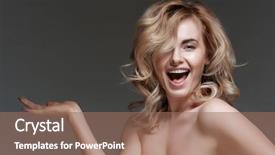  Presentation with curly hair - PPT theme having clarification - photo of cheerful blonde woman background and a coral colored foreground