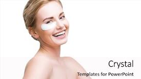  Presentation with women - PPT layouts enhanced with clarification - photo of smiling blonde women background and a sky blue colored foreground