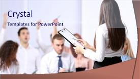  Presentation with young - Cool new PPT theme with clarification - young businesswoman standing back backdrop and a  colored foreground