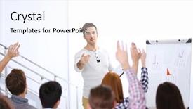  Presentation with hands - PPT theme having clarification - young colleagues raising hands background and a  colored foreground