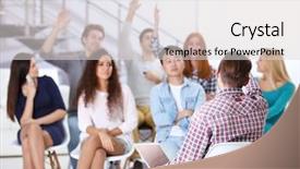  Presentation with group of students raising hands - Presentation design with clarification - young colleagues raising hands background and a  colored foreground