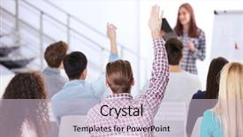  Presentation with meeting - Cool new theme with clarification - young man with raised hand backdrop and a lemonade colored foreground