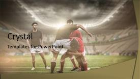  Presentation with rugby players - Slides with clashes - 3d rugby stadium against rugby background and a coral colored foreground