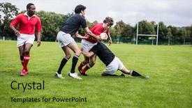  Presentation with rugby players - Colorful slide deck enhanced with clashes - rugby players tackling during game backdrop and a gold colored foreground