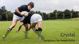  Presentation with rugby players - PPT layouts featuring clashes - rugby players tackling during game background and a gold colored foreground