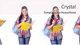  Presentation with worried young female college student - Slide deck featuring class composite - young female student isolated background and a lemonade colored foreground