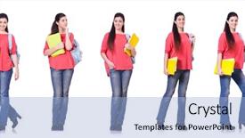  Presentation with worried young female college student - Presentation theme enhanced with class composite - young female student isolated background and a light blue colored foreground