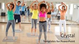  Presentation with fitness dance - Presentation theme with class condititon - cheerful fitness group dancing background and a soft green colored foreground