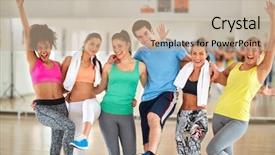  Presentation with group of three young girl - Slides featuring class condititon - cheerful young group after training background and a coral colored foreground