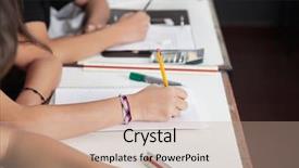  Presentation with classroom - Presentation theme consisting of pencils testing - midsection of schoolchildren writing background and a coral colored foreground