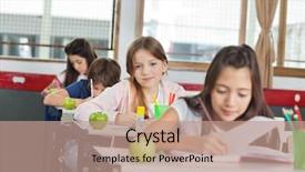  Presentation with classmates - Slide set enhanced with portrait of cute schoolgirl sitting at desk with classmates in a row background and a coral colored foreground