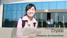  Presentation with little asian girl receiving vaccination - Amazing PPT theme having university life - young asian girl holding books backdrop and a  colored foreground