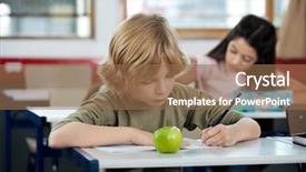  Presentation with writing education female writer - Colorful PPT theme enhanced with young schoolboy writing in book backdrop and a coral colored foreground