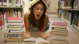  Presentation with library - PPT theme consisting of journal academic - young woman in the library background and a coral colored foreground