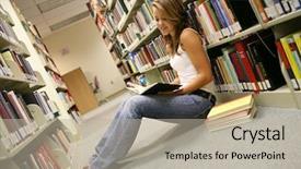  Presentation with library management system archive - Beautiful presentation design featuring woman reading in the library backdrop and a mint green colored foreground