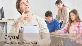  Presentation with med student in class - Presentation with class looking up thinking deeply background and a coral colored foreground