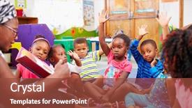  Presentation with children hands - Beautiful slide deck featuring class of preschool children raising backdrop and a tawny brown colored foreground