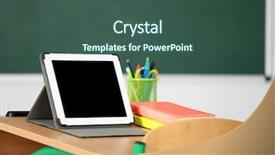  Presentation with wooden desk cup - Beautiful slides featuring class on blackboard background backdrop and a ocean colored foreground