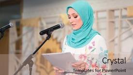  Presentation with omrah muslim people praying - Beautiful slide set featuring class participation - business muslim people in conference backdrop and a  colored foreground