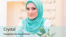  Presentation with omrah muslim people praying - Presentation design with class participation - business muslim people in conference background and a  colored foreground