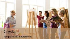  Presentation with creativity - Colorful PPT theme enhanced with composition to group of art backdrop and a coral colored foreground