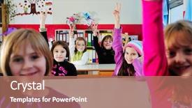  Presentation with childrens - Audience pleasing presentation theme consisting of class raise hands - happy childrens group in school backdrop and a coral colored foreground
