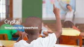  Presentation with diverse elementary students in classroom - Presentation design consisting of class raise hands - pupil raising hand in classroom background and a coral colored foreground