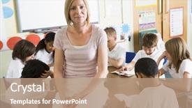  Presentation with class - PPT layouts with class reading books with teacher background and a coral colored foreground