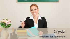 Presentation with classroom - PPT theme having class register - portrait of teacher woman working background and a  colored foreground