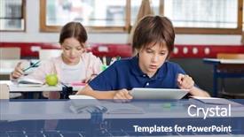  Presentation with table in a classroom cheating - Audience pleasing slide set consisting of class room - little school boy using digital backdrop and a ocean colored foreground