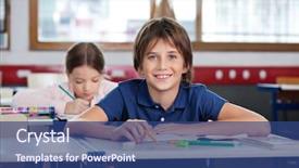  Presentation with desk - Beautiful presentation theme featuring class room - portrait of happy little boy backdrop and a ocean colored foreground