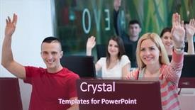  Presentation with technology students - Audience pleasing slide deck consisting of class room - technology students group in computer backdrop and a tawny brown colored foreground