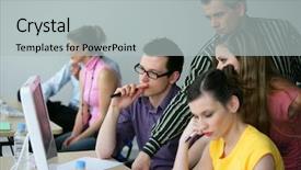  Presentation with business training - Cool new presentation theme with class room - young adults in business training backdrop and a light gray colored foreground