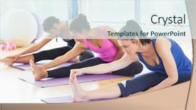  Presentation with class - Colorful PPT theme enhanced with class stretching legs on mat backdrop and a sky blue colored foreground