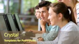  Presentation with students working in groups - Slide deck featuring class working on desktop computer background and a tawny brown colored foreground