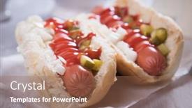 Presentation with sandwich - Presentation theme having classic american hot dog sandwich with pork or beef sausage background and a coral colored foreground