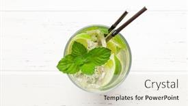  Presentation with classic - Audience pleasing slide set consisting of classic cocktail glass on wooden table mojito with lime and mint top view with copy space backdrop and a sky blue colored foreground