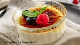  Presentation with creme caramel dessert - Theme enhanced with classic-creme-brulee-in-glass background and a coral colored foreground