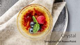  Presentation with creme caramel dessert - Amazing PPT layouts having classic-creme-brulee-in-glass backdrop and a coral colored foreground