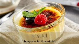  Presentation with creme caramel dessert - Slides having classic-creme-brulee-in-glass background and a yellow colored foreground