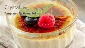  Presentation with creme caramel dessert - PPT layouts having classic-creme-brulee-in-glass background and a soft green colored foreground