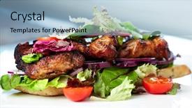  Presentation with dried tomato - Colorful slide set enhanced with club sandwich with whole wheat bread baguettes fresh salads vegetables brie cheese and sun-dried tomato cream backdrop and a light blue colored foreground