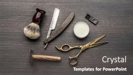  Presentation with classic - Colorful PPT layouts enhanced with classic-grooming-and-hairdressing-tools backdrop and a dark gray colored foreground