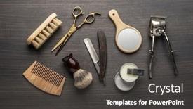  Presentation with classic - Colorful PPT layouts enhanced with classic-grooming-and-hairdressing-tools backdrop and a dark gray colored foreground