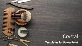  Presentation with classic - Audience pleasing PPT theme consisting of classic-grooming-and-hairdressing-tools backdrop and a dark gray colored foreground