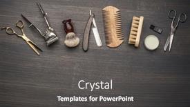  Presentation with classic - PPT theme having classic-grooming-and-hairdressing-tools background and a dark gray colored foreground